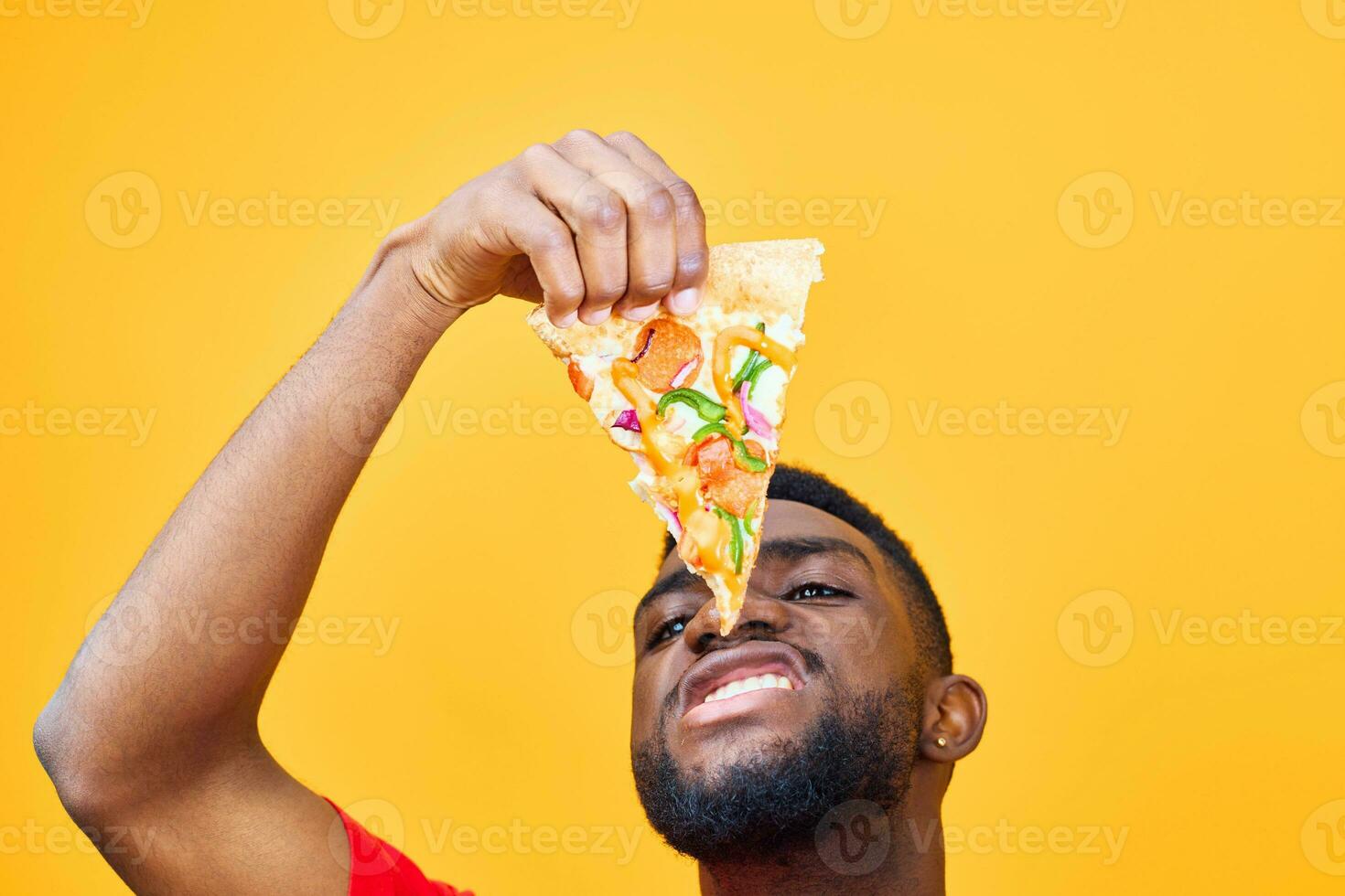 man fast food standing red guy happy pizza smile background food delivery black photo
