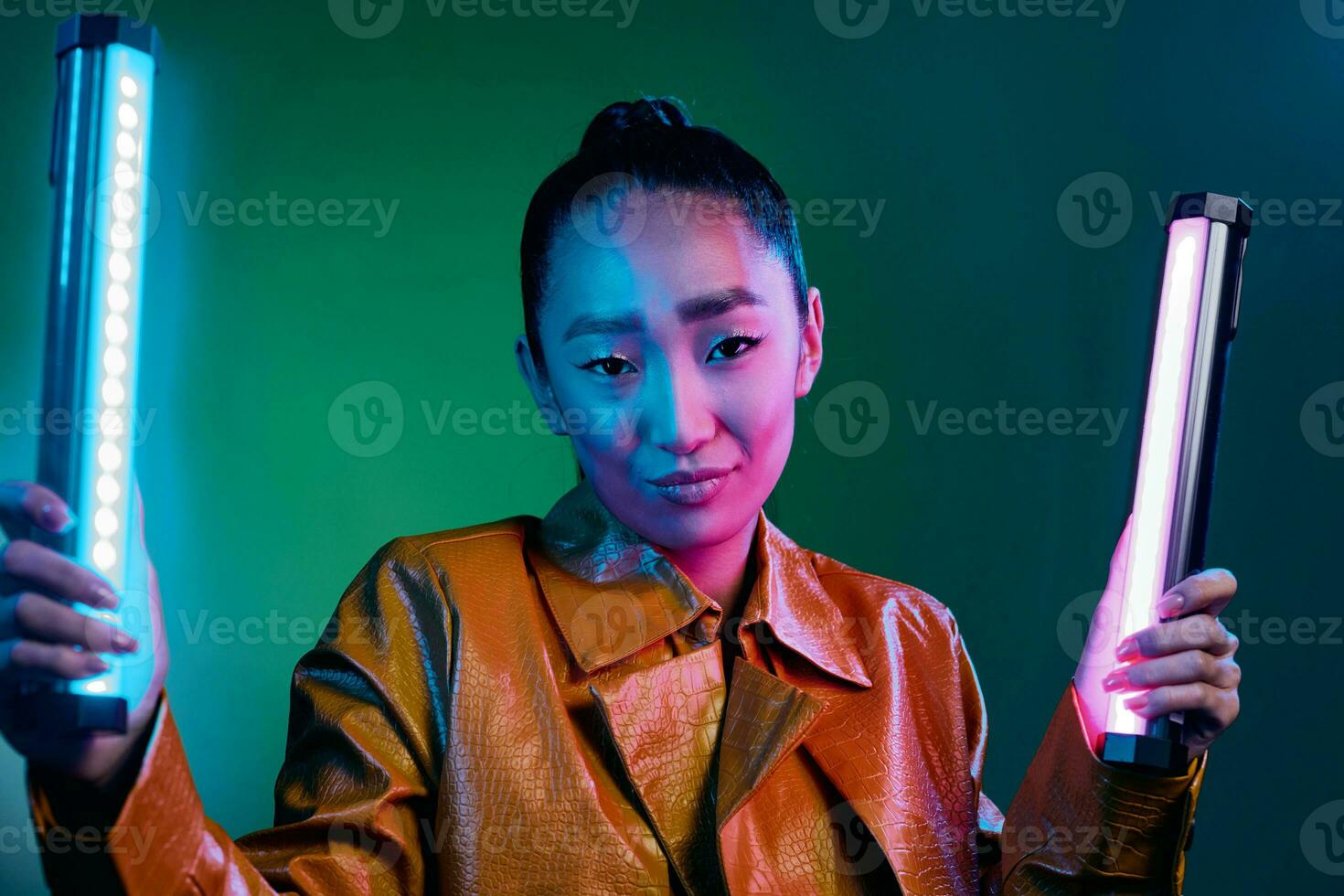 Woman model disco neon trendy yellow colorful light fashion green beauty photo