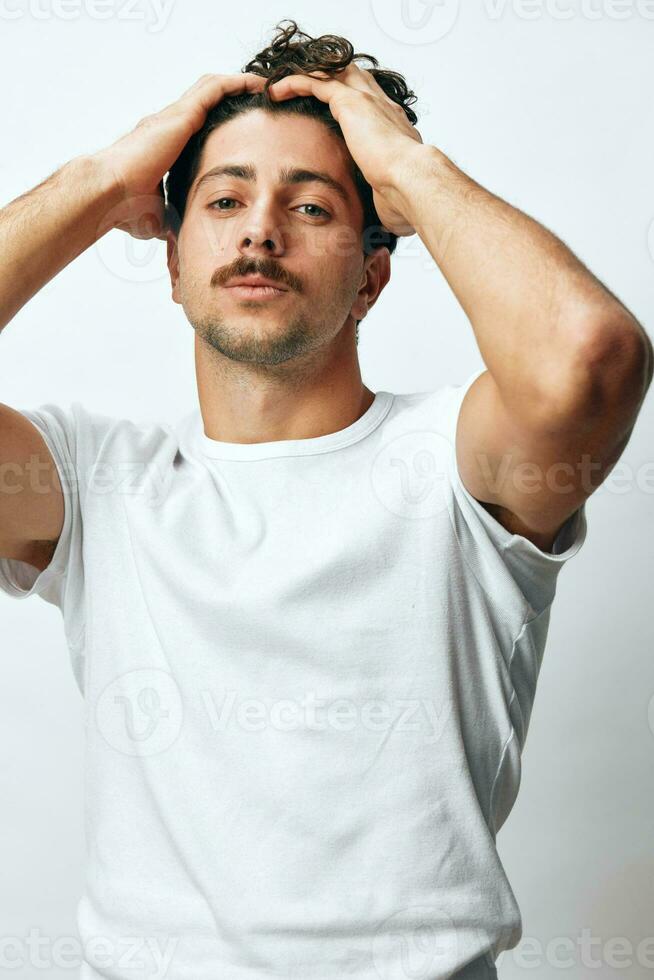 Man t-shirt isolated smile fashion white background portrait photo