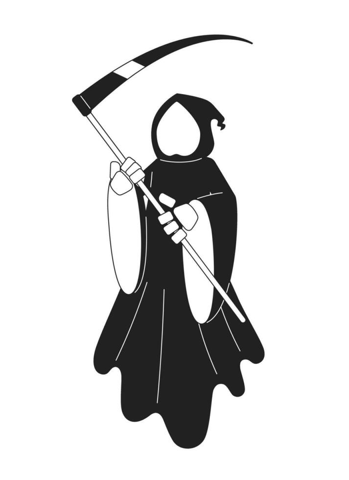 Halloween death monochrome concept vector spot illustration. Grim reaper holding scythe 2D flat bw cartoon character for web UI design. Spirit Helloween cosplay isolated editable hand drawn hero image