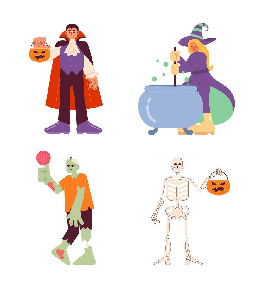 Halloween costume ideas flat concept vector spot illustration set. Monsters on Halloween party 2D cartoon characters on white for web UI design. Trick treat isolated editable creative hero image pack