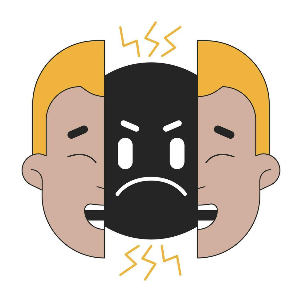 Two faced flat line concept vector spot illustration. Hypocrite fake guy split face 2D cartoon outline character on white for web UI design. Bipolar disorder editable isolated color hero image