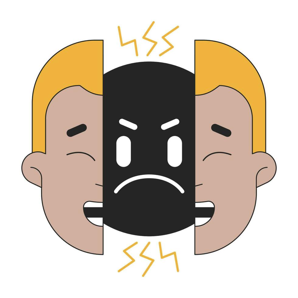 Two faced flat line concept vector spot illustration. Hypocrite fake guy split face 2D cartoon outline character on white for web UI design. Bipolar disorder editable isolated color hero image