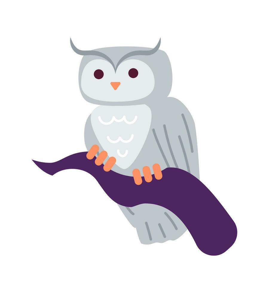 Owl sitting on branch semi flat colour vector object. Wildlife in forest. Great horned owl in tree. Editable cartoon clip art icon on white background. Simple spot illustration for web graphic design