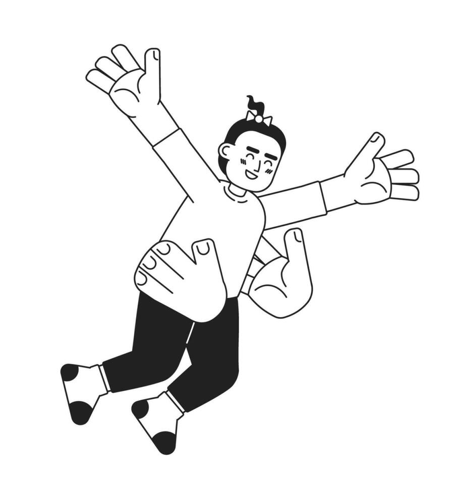 Two arms tossing toddler girl in air monochromatic flat vector character. Fun parent. Throwing kid in air. Editable thin line person on white. Simple bw cartoon spot image for web graphic design