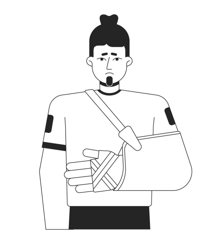 Disappointed man with broken arm flat line black white vector character. Editable outline half body male with bandaged wrist on white. Simple cartoon isolated spot illustration for web graphic design