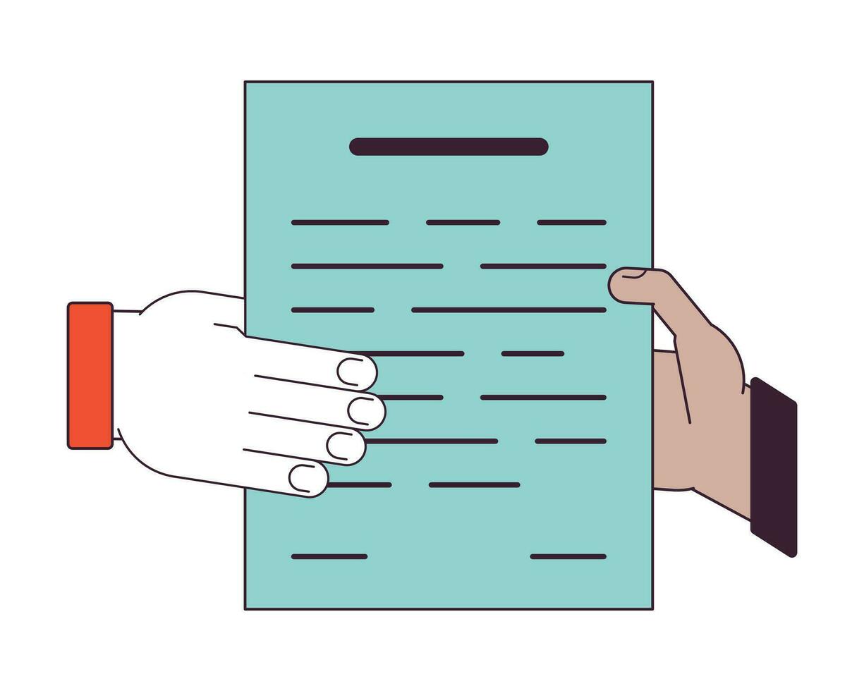 Hand gives document to hand flat line color isolated vector object. Share information. Editable clip art image on white background. Simple outline cartoon spot illustration for web design