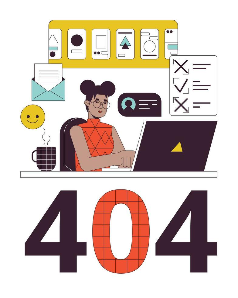 africano americano niña con muchos Tareas error 404 destello mensaje. remoto trabajo en ordenador portátil. vacío estado ui diseño. página no encontró surgir dibujos animados imagen. vector plano ilustración concepto en blanco antecedentes