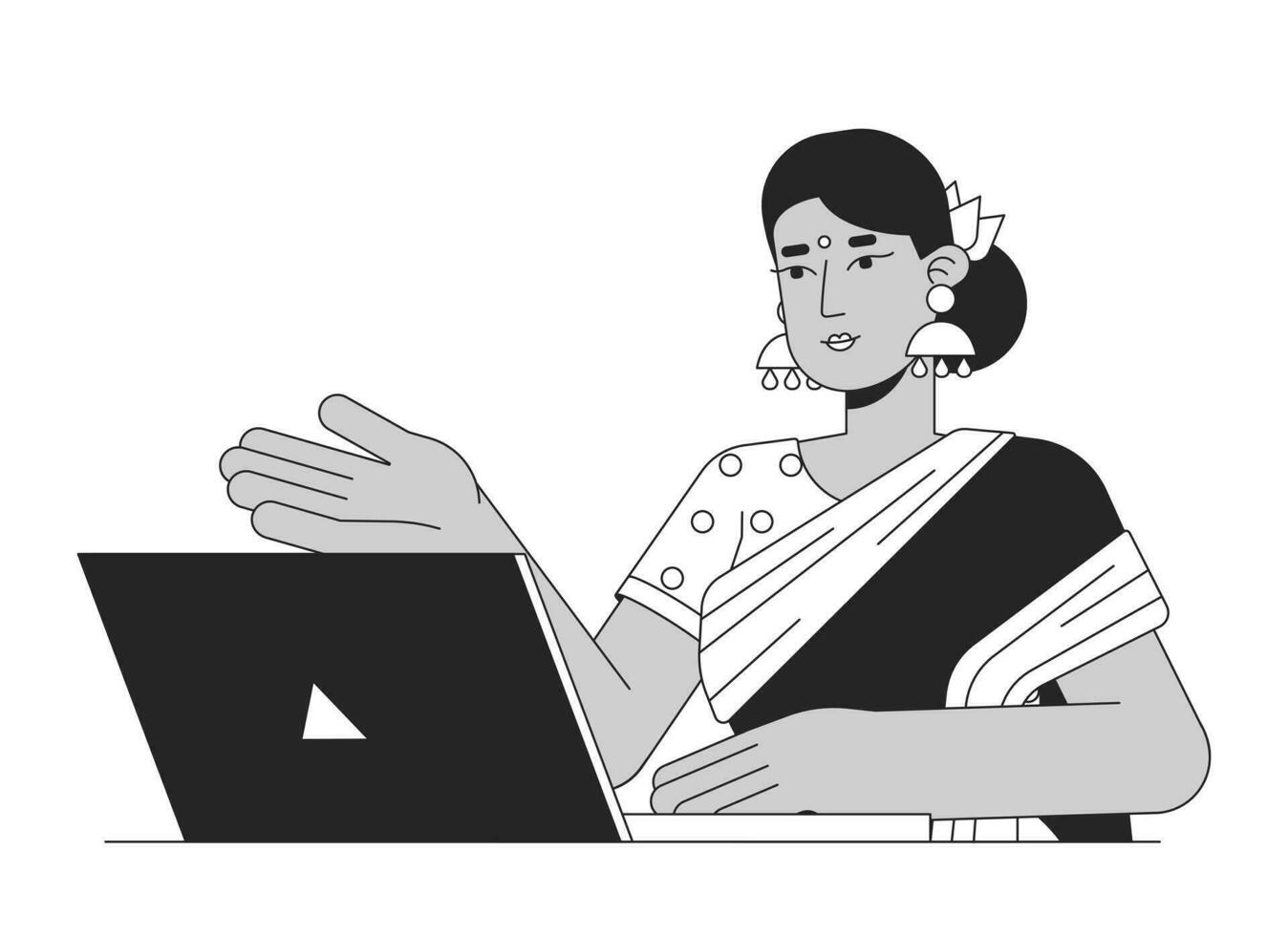 indio mujer profesional con ordenador portátil plano línea negro blanco vector personaje. editable contorno medio cuerpo persona. dama en web reunión sencillo dibujos animados aislado Mancha ilustración para web gráfico diseño