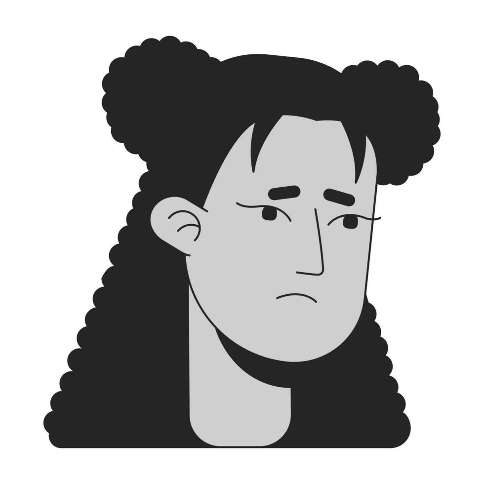 triste latinoamericano niña monocromo plano lineal personaje cabeza. linda dos bollos peinado. editable contorno mano dibujado humano cara icono. 2d dibujos animados Mancha vector avatar ilustración para animación