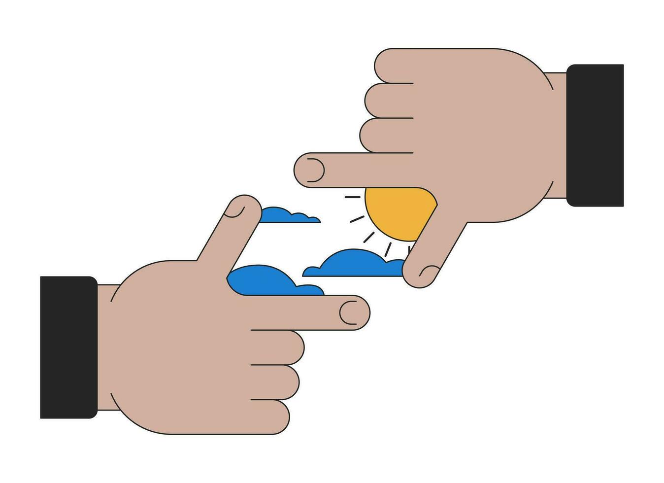 Sun clouds in finger frame flat line concept vector spot illustration. Inspiration. Finger focus 2D cartoon outline hands on white for web UI design. New perspective editable isolated color hero image