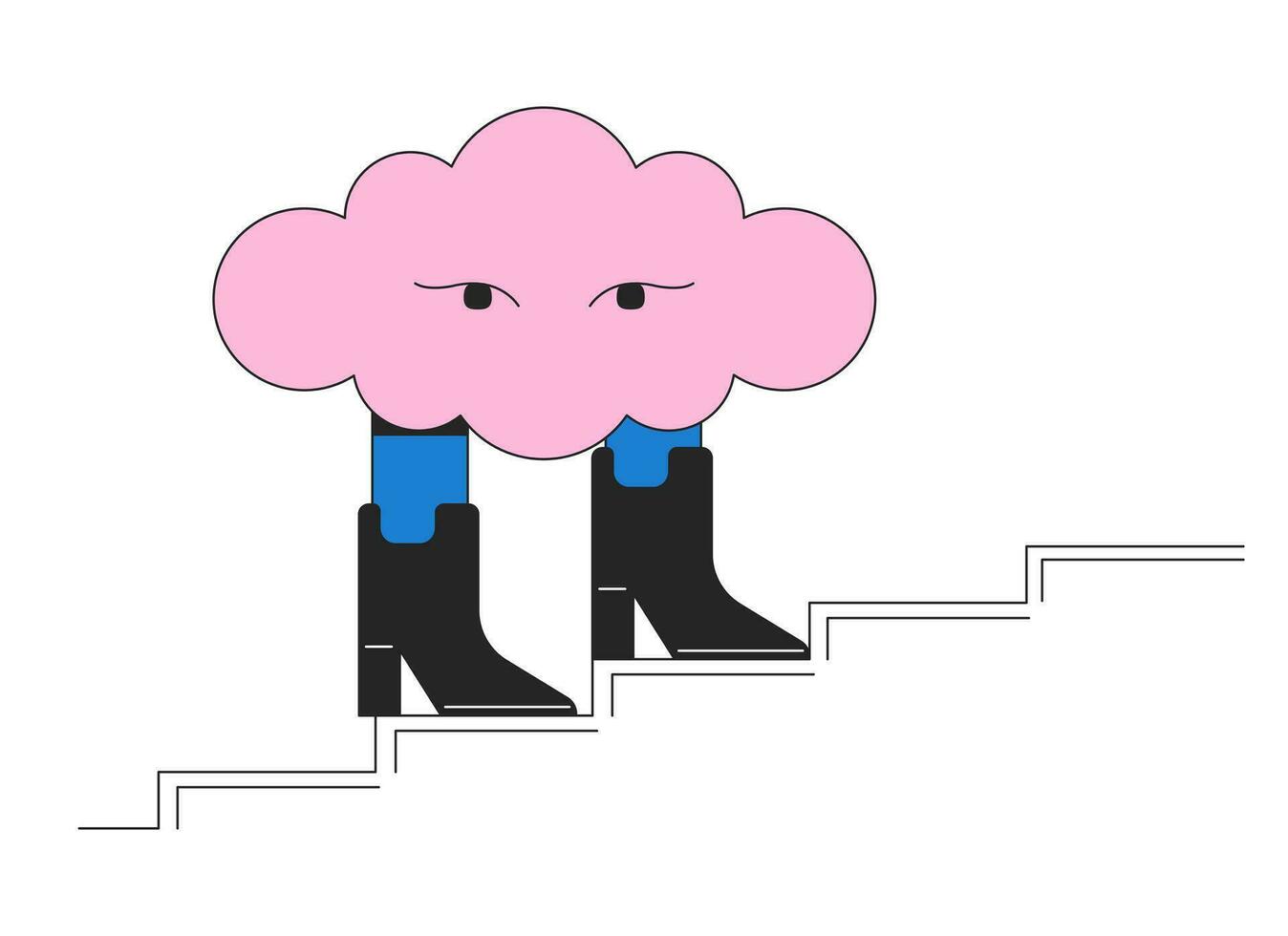 surrealista nube caminando en botas plano línea concepto vector Mancha ilustración. cúmulo 2d dibujos animados contorno personaje en blanco para web ui diseño. sueño alucinación editable aislado color héroe imagen