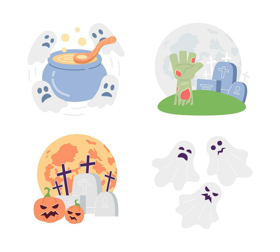 Graveyard Halloween party flat concept vector spot illustration set. Spooky ghosts, tombstones 2D cartoon scenes on white for web UI design. Scary Helloween isolated editable creative hero image pack