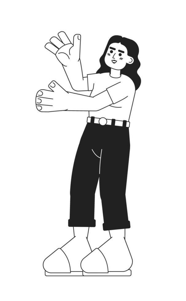 Excited latina woman stretching out hands monochromatic flat vector character. Brunette girl raised arms. Editable thin line person on white. Simple bw cartoon spot image for web graphic design