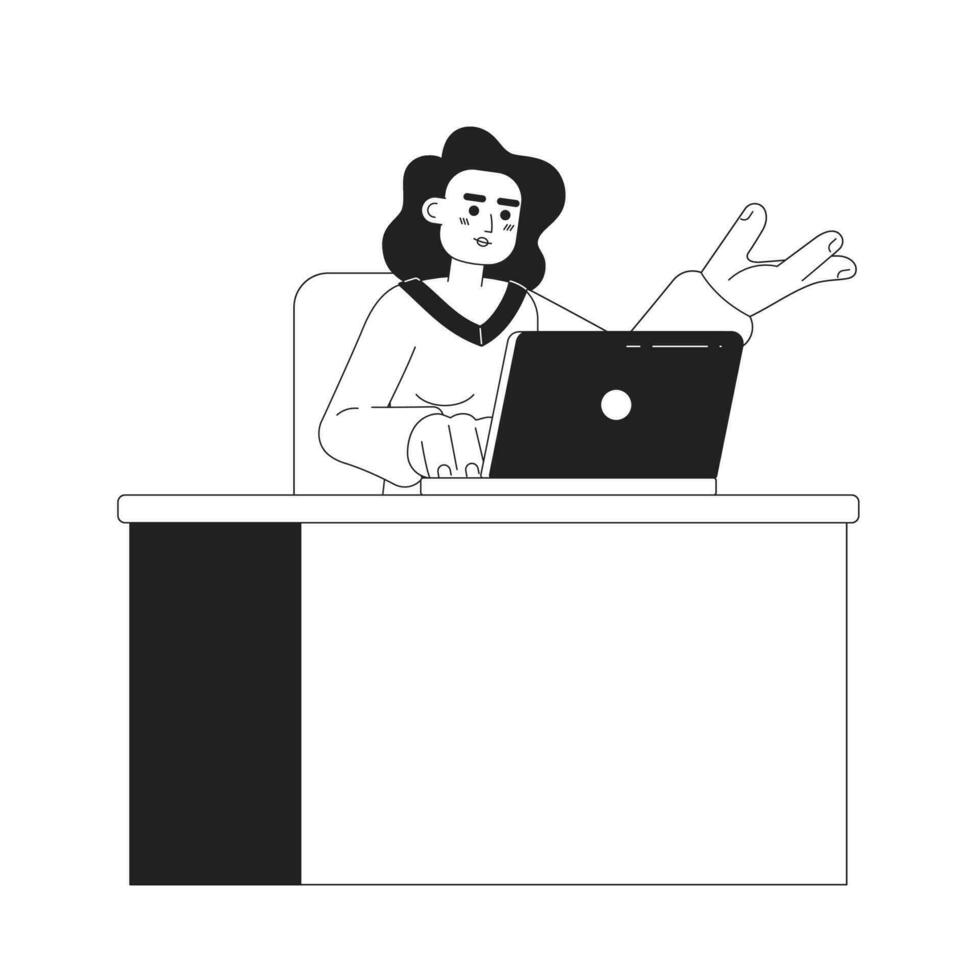 ocupado Hispano mujer trabajando en ordenador portátil 2d vector monocromo aislado Mancha ilustración. atractivo oficina plano mano dibujado personaje en blanco antecedentes. trabajo duro editable contorno dibujos animados escena