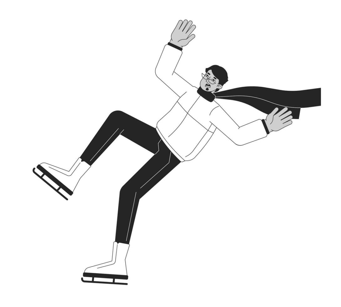 Shocked man on skates falls flat line black white vector character. Editable outline full body man danger of falling. Winter sport simple cartoon isolated spot illustration for web graphic design