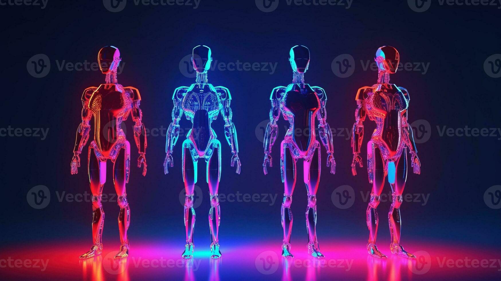 World Population Day. Group of chrome robots in neon light, dark background. AI generated. photo