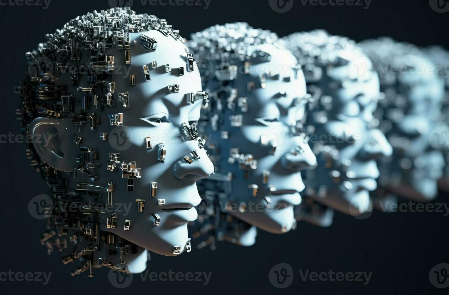 Artificial intelligence. Scattering head profile of a chrome-plated robot, black background. AI generated. photo