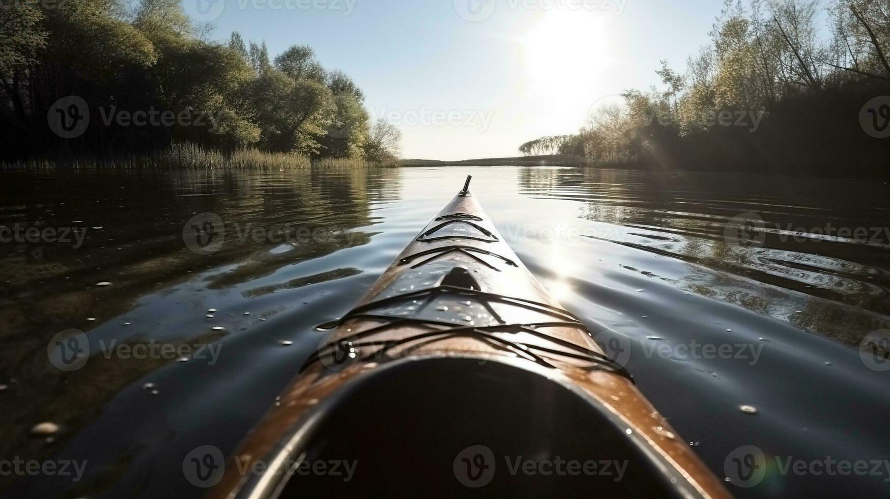 Active rest, tourism. Kayak floats on river in rays of sun. AI generated. photo
