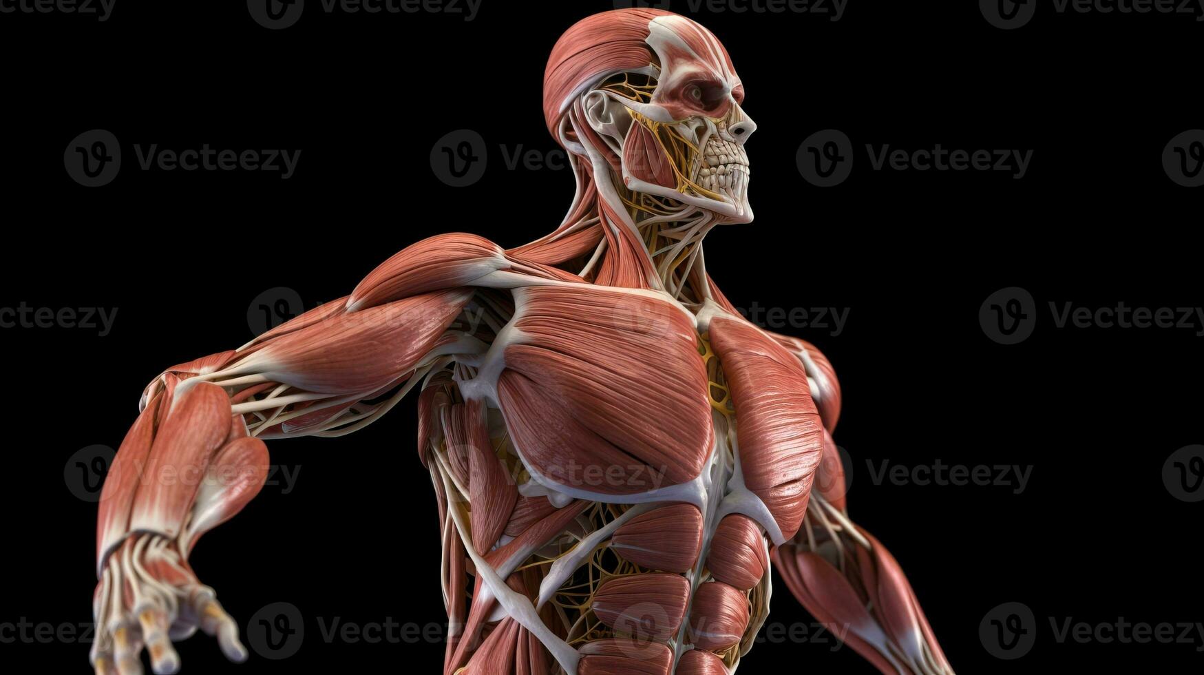 Anatomical structure of muscular system of human body, dark background. AI generated. photo
