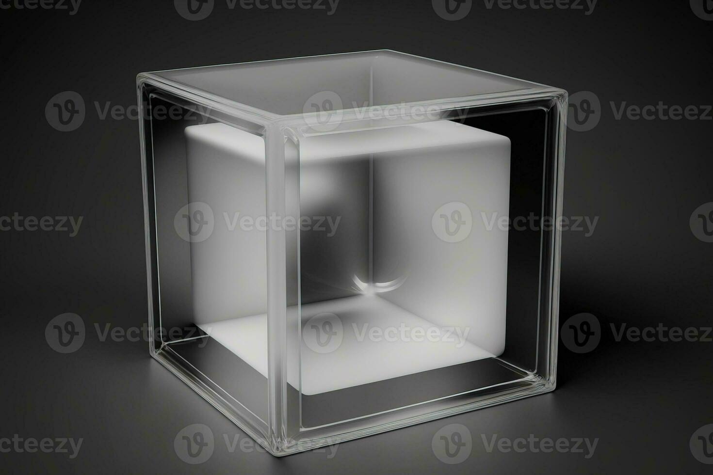 Empty podium pedestal transparent cube for product presentation, dark background. AI generated. photo