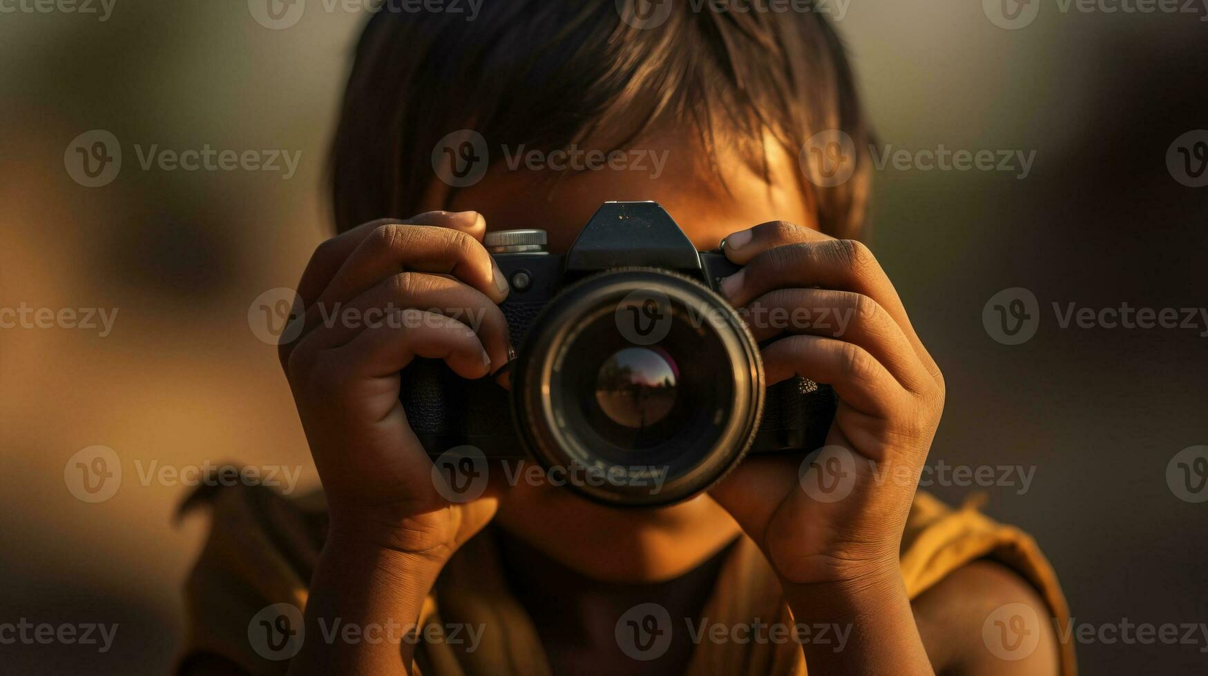 World photography day, girl takes photo with camera, professional hobby. AI generated.