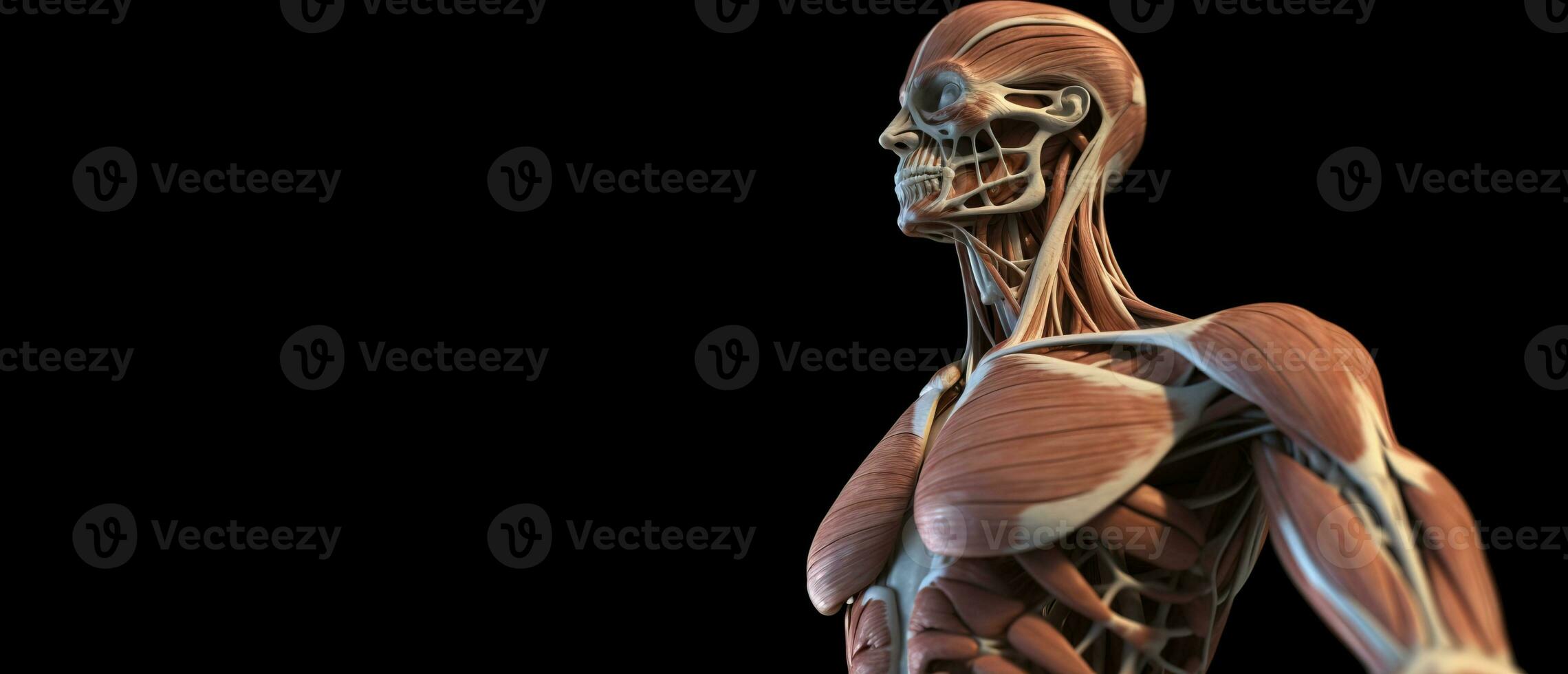 Anatomical structure of muscular system of human body, dark background. AI generated. photo