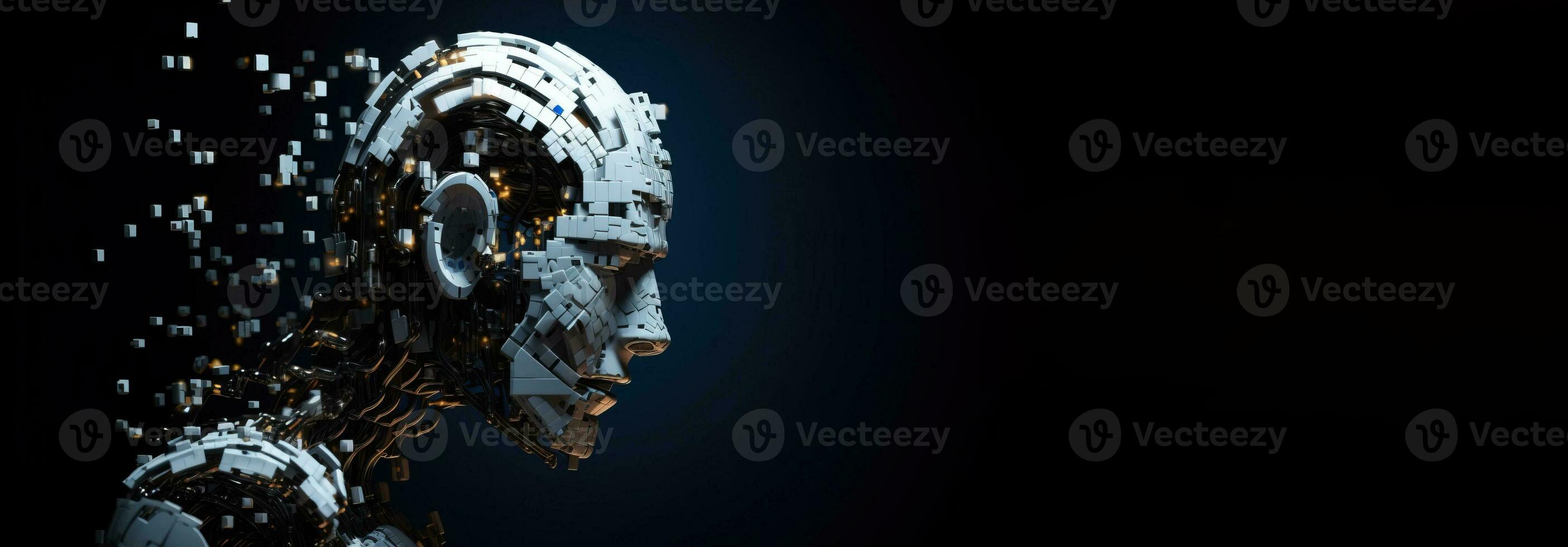 Artificial intelligence. Scattering head profile of a chrome-plated robot, dark blue background. AI generated. photo