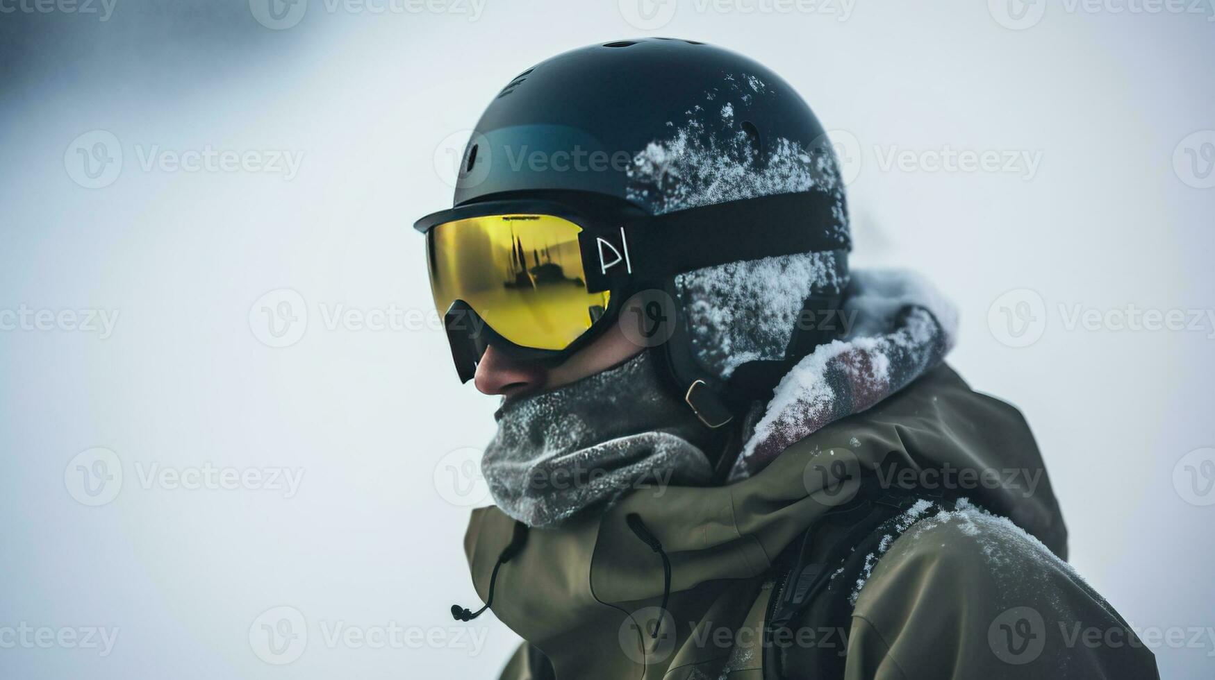 Skier in glasses close-up, background of snow-covered ski peaks of the mountains. AI generated. photo