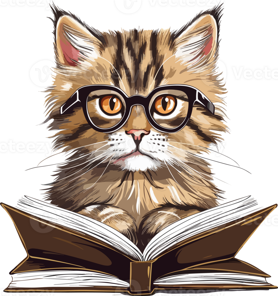 Cat with glasses reading book Illustration. png