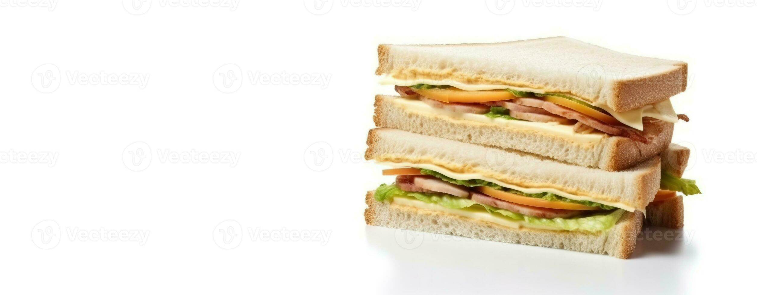 Fresh sandwich with ham, cheese, tomatoes, fast food on white background, isolate. AI generated. photo