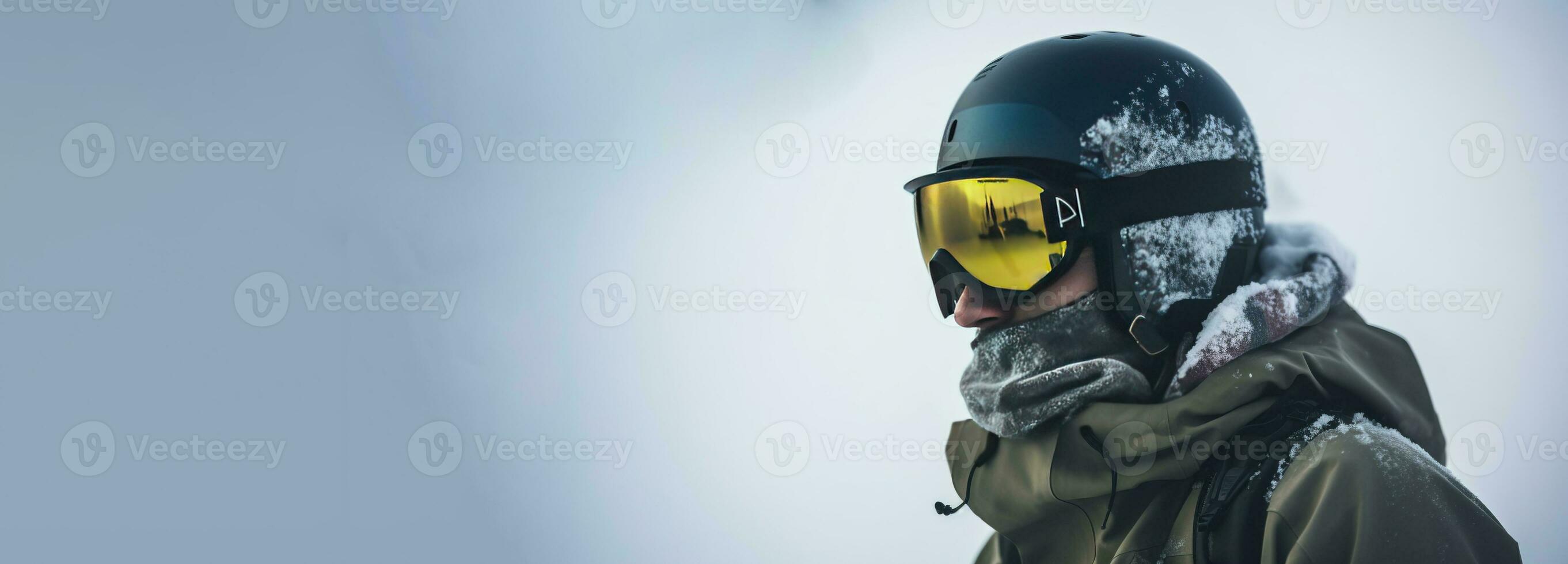 Skier in glasses close-up, background of snow-covered ski peaks of the mountains. AI generated. photo