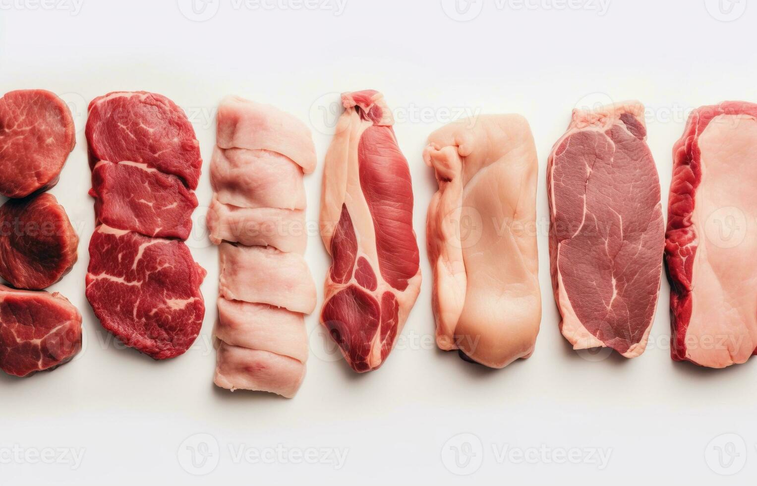 Set of different types of raw meat. Top view on the table. White background. AI generated. photo