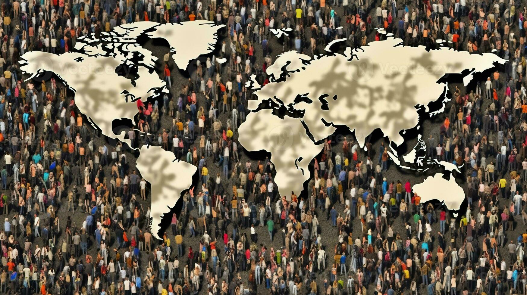 World Population Day. A group of people on the map of the planet Earth with continents. AI generated. photo