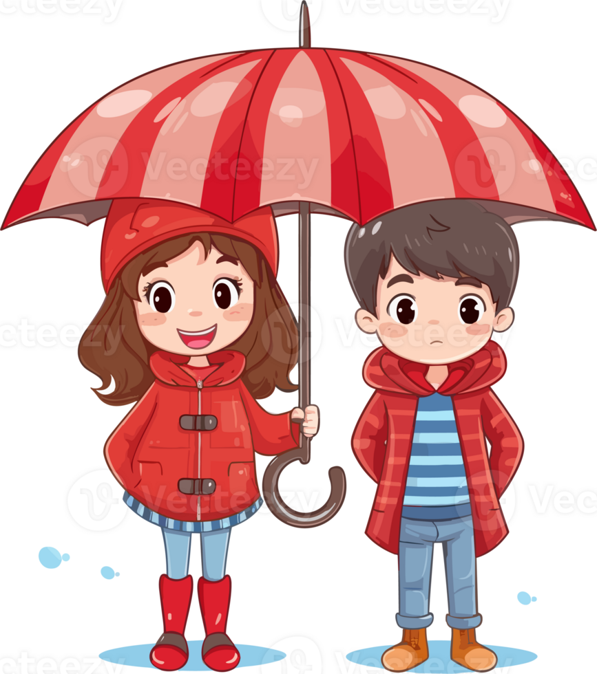 Children, a boy and a girl dressed in warm clothing, standing in the rain under a red umbrella. Vector illustration png