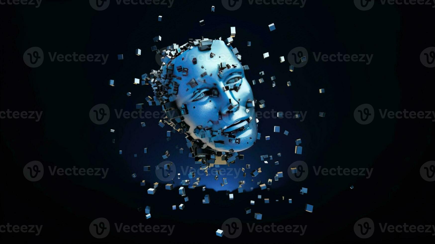 Artificial intelligence. Scattering head profile of a chrome-plated robot, dark blue background. AI generated. photo