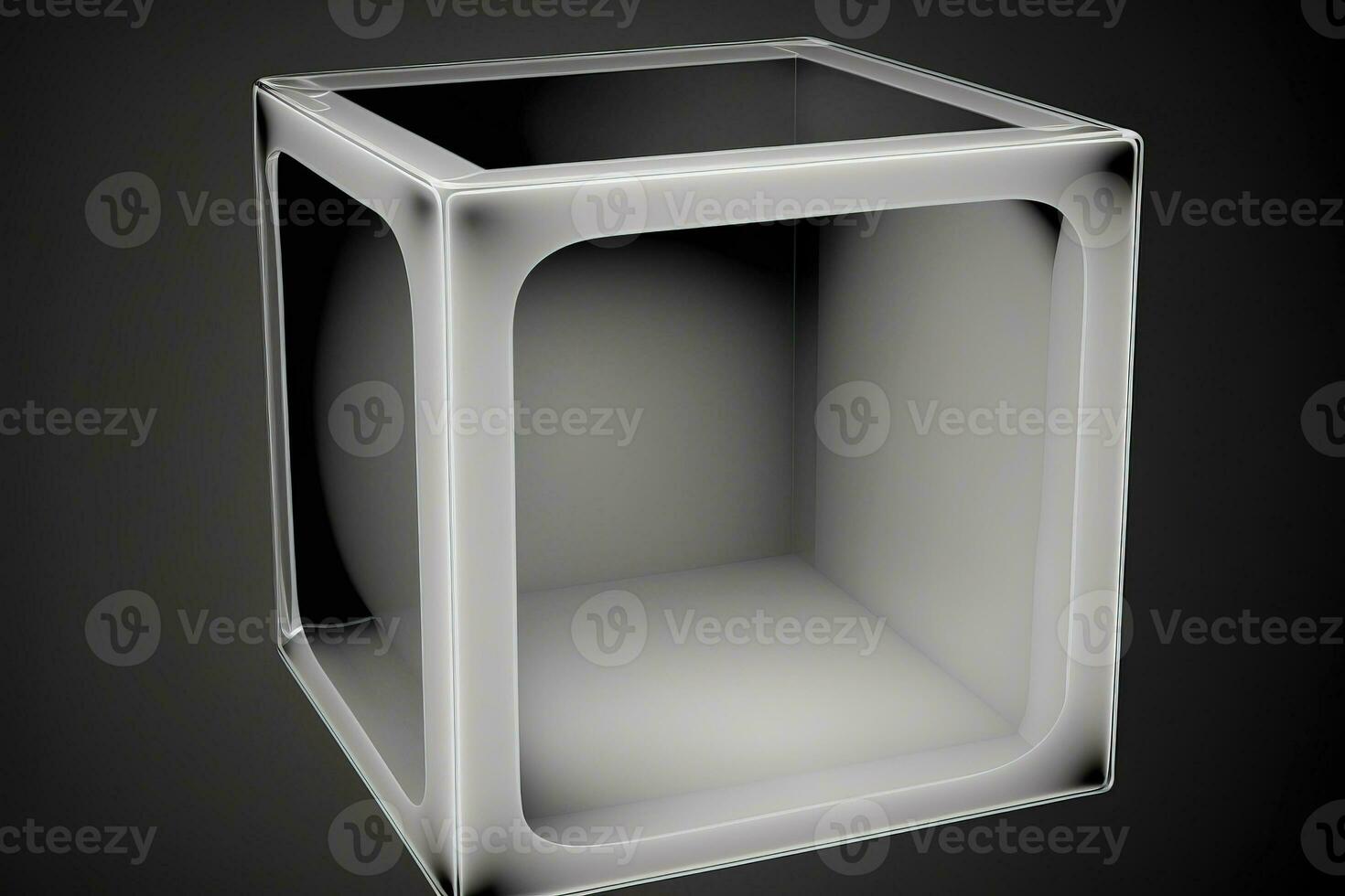 Empty podium pedestal transparent cube for product presentation, dark background. AI generated. photo