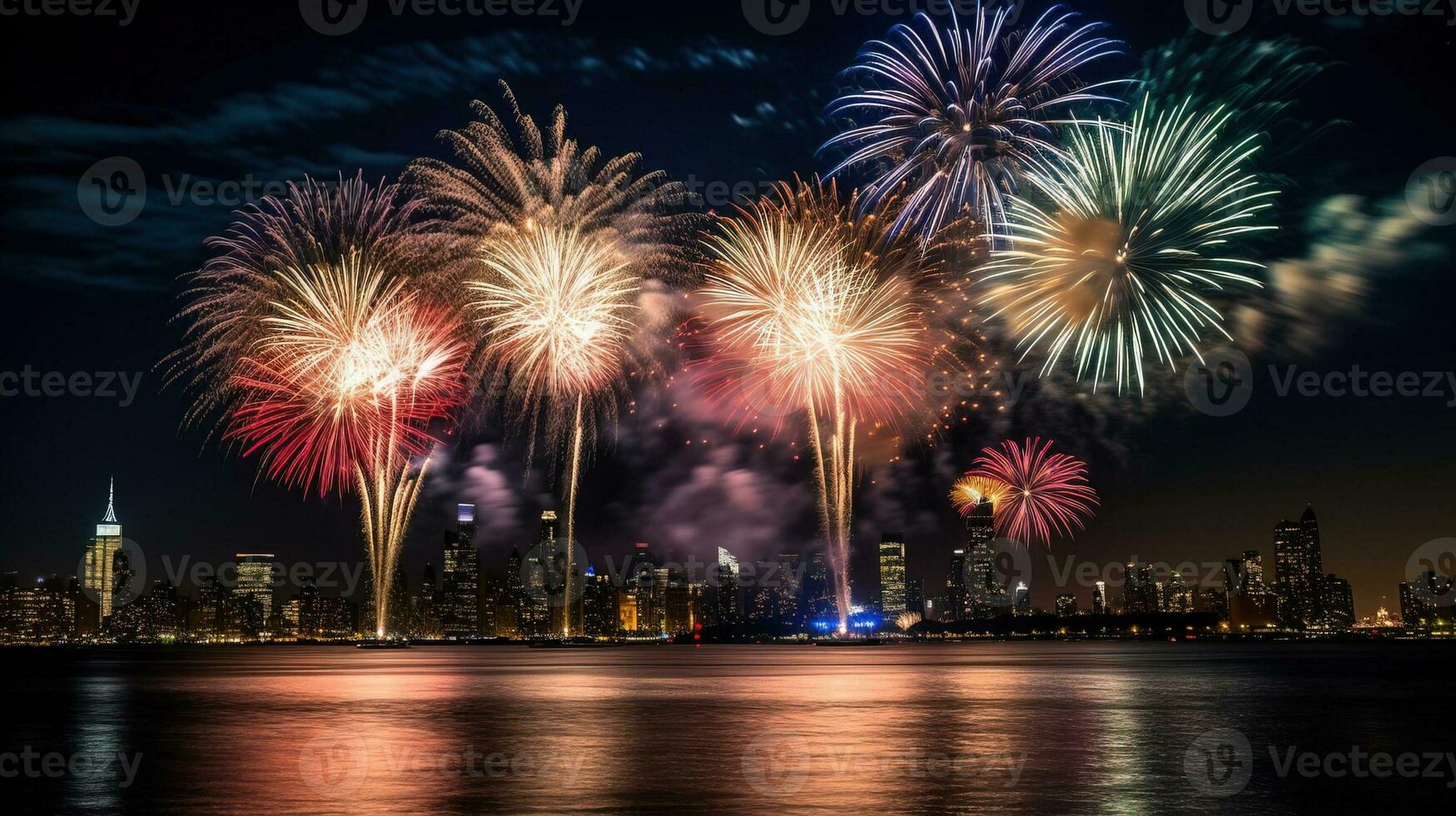 USA Independence Day July 4, night city across the river in salute. AI