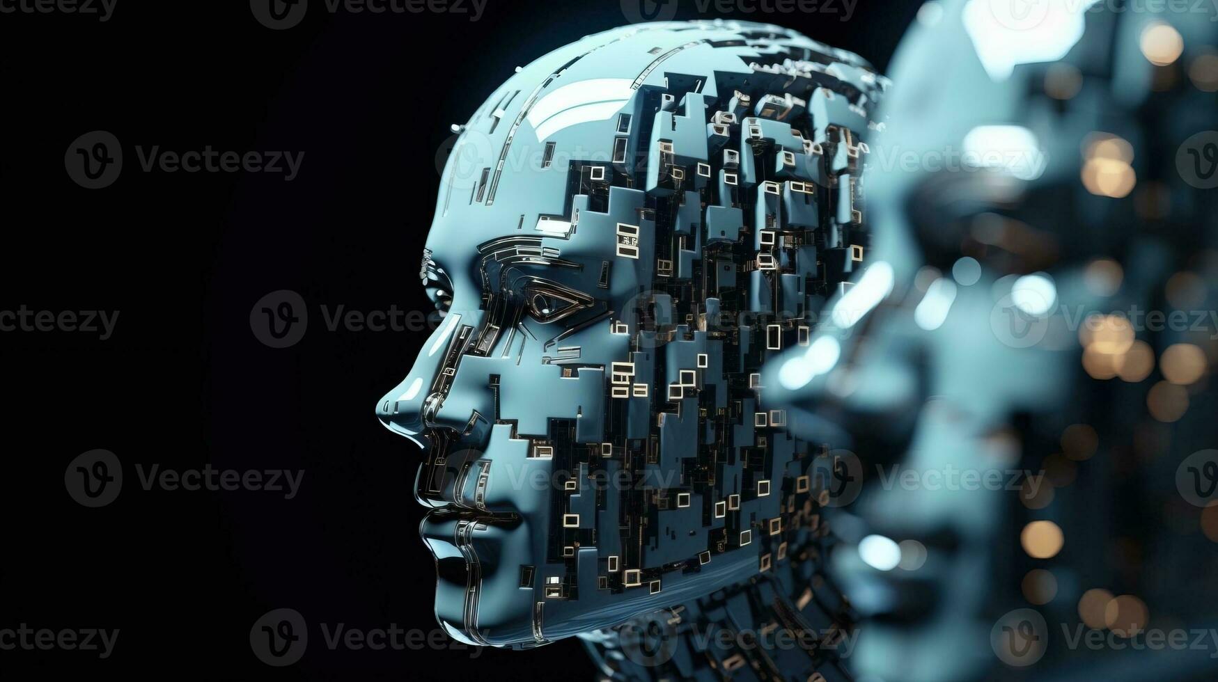 Artificial intelligence. Scattering head profile of a chrome-plated robot, black background. AI generated. photo