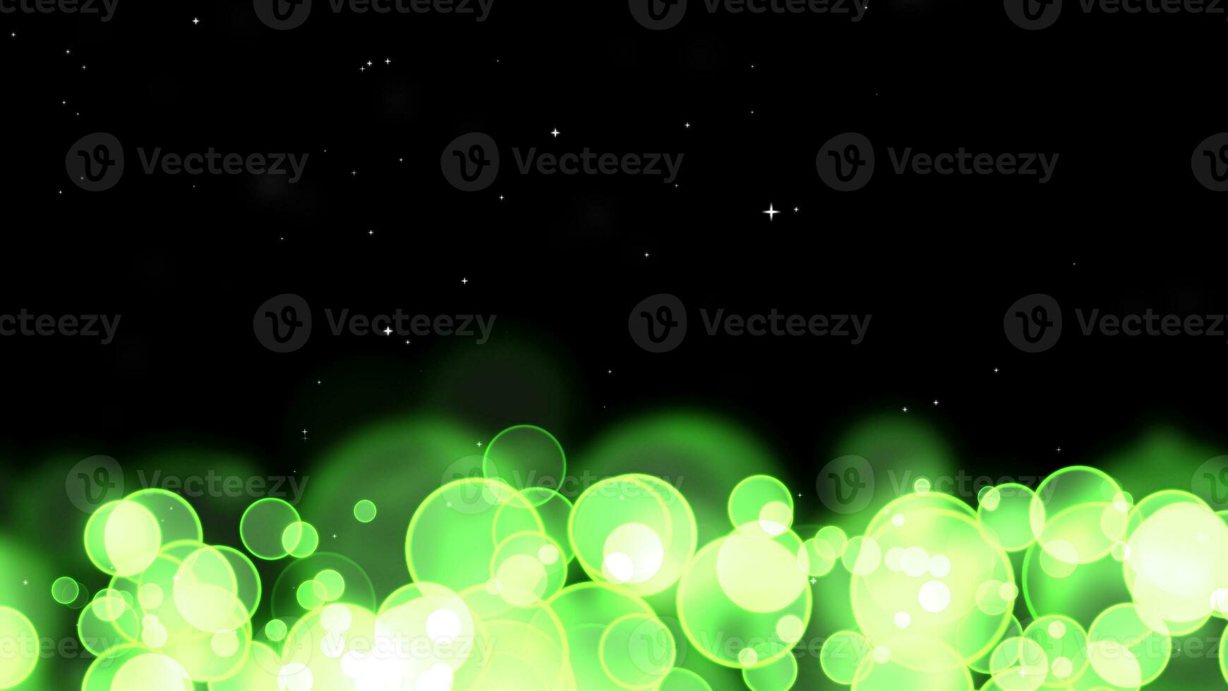 Circle bubles glow green random size with white stars on the black isolated background photo