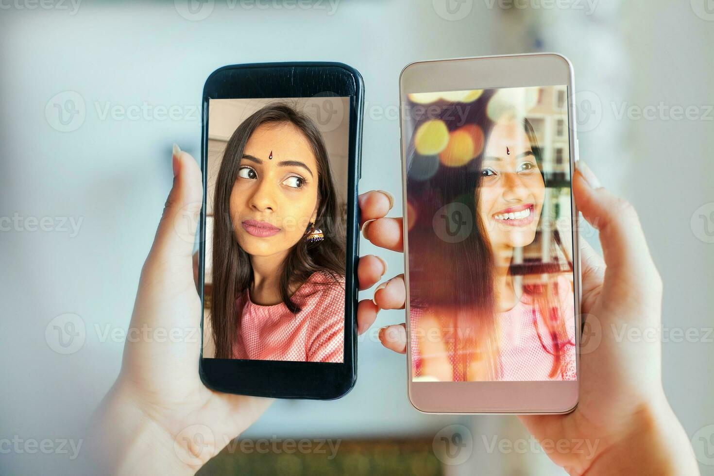 Indian friends on a phone video call photo