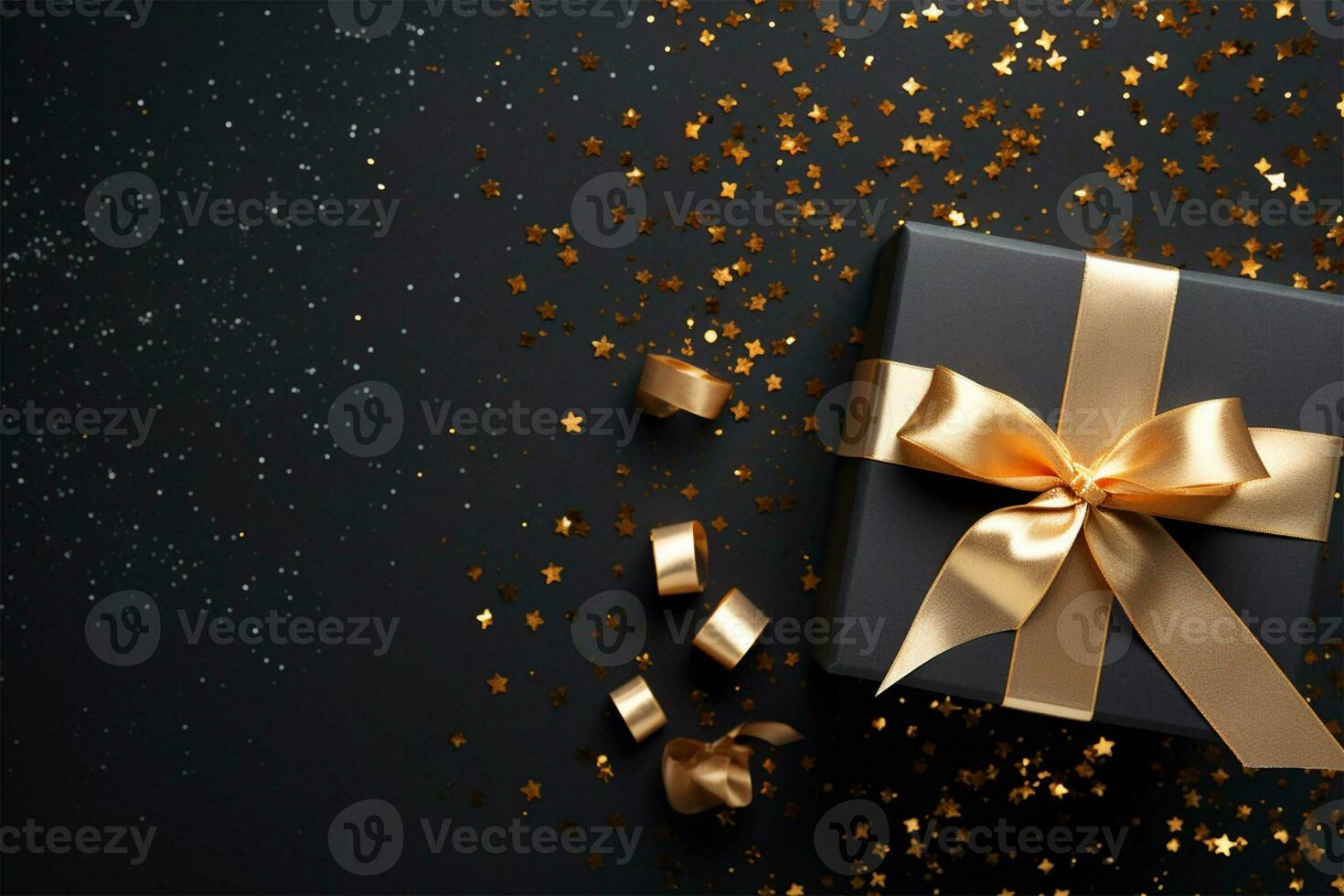 Shiny gift box with golden bow on black background. Space for text. photo