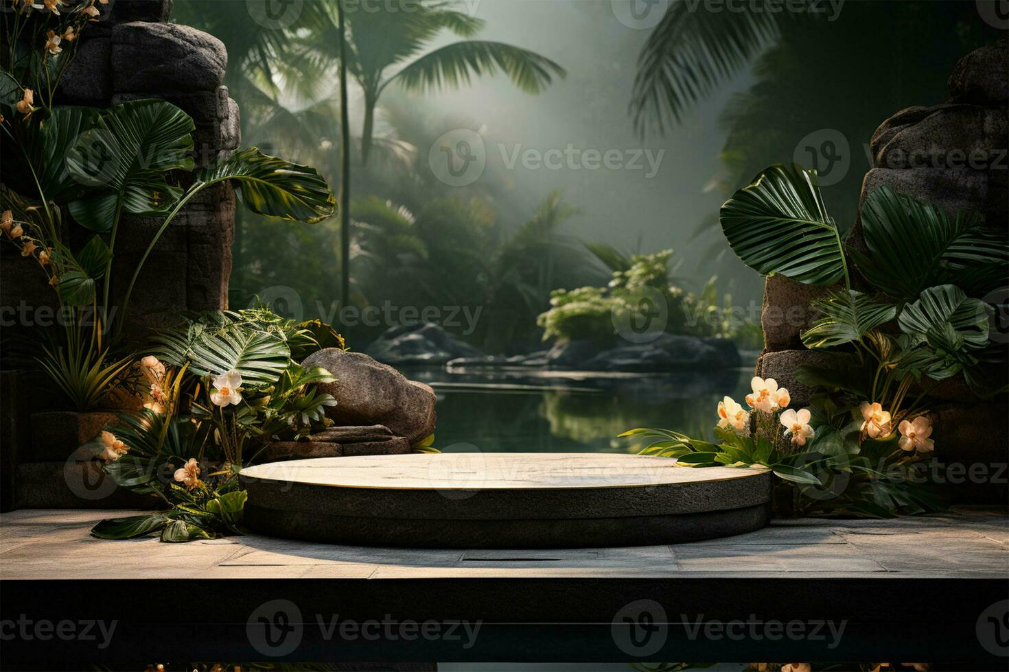 White podium with tropical plant and stone photo