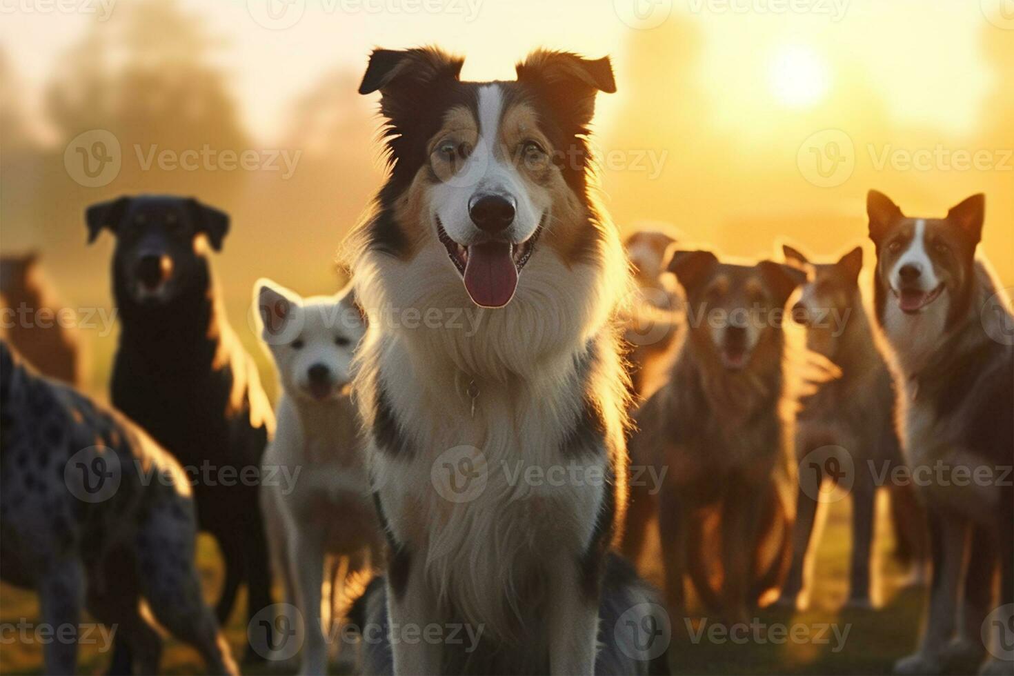 conjunto de perros, diferente tamaños y razas al aire libre a puesta de sol ai generado foto