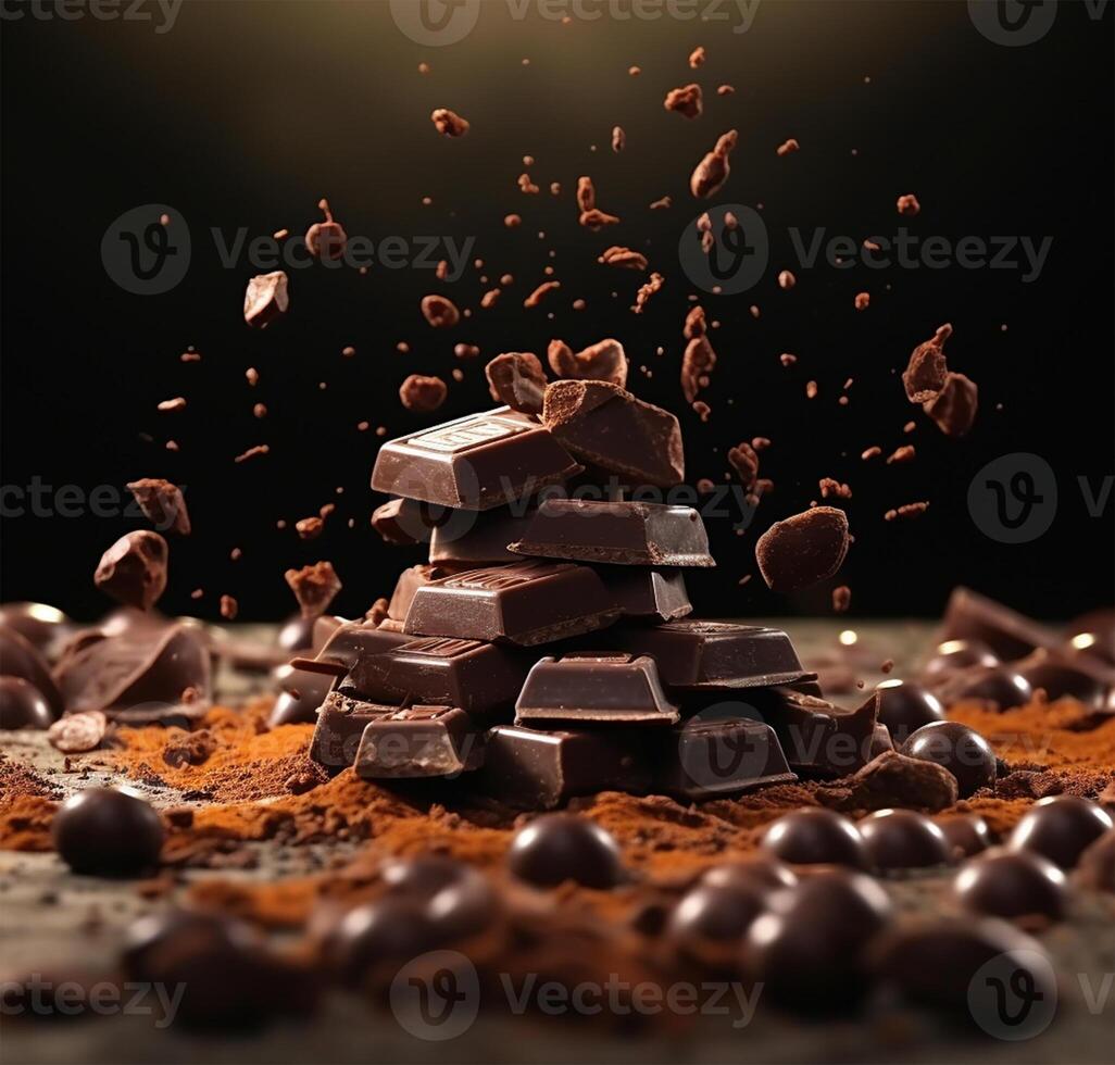 piezas de chocolate y cacao polvo salpicaduras en un negro antecedentes. internacional chocolate día celebracion ai generado foto