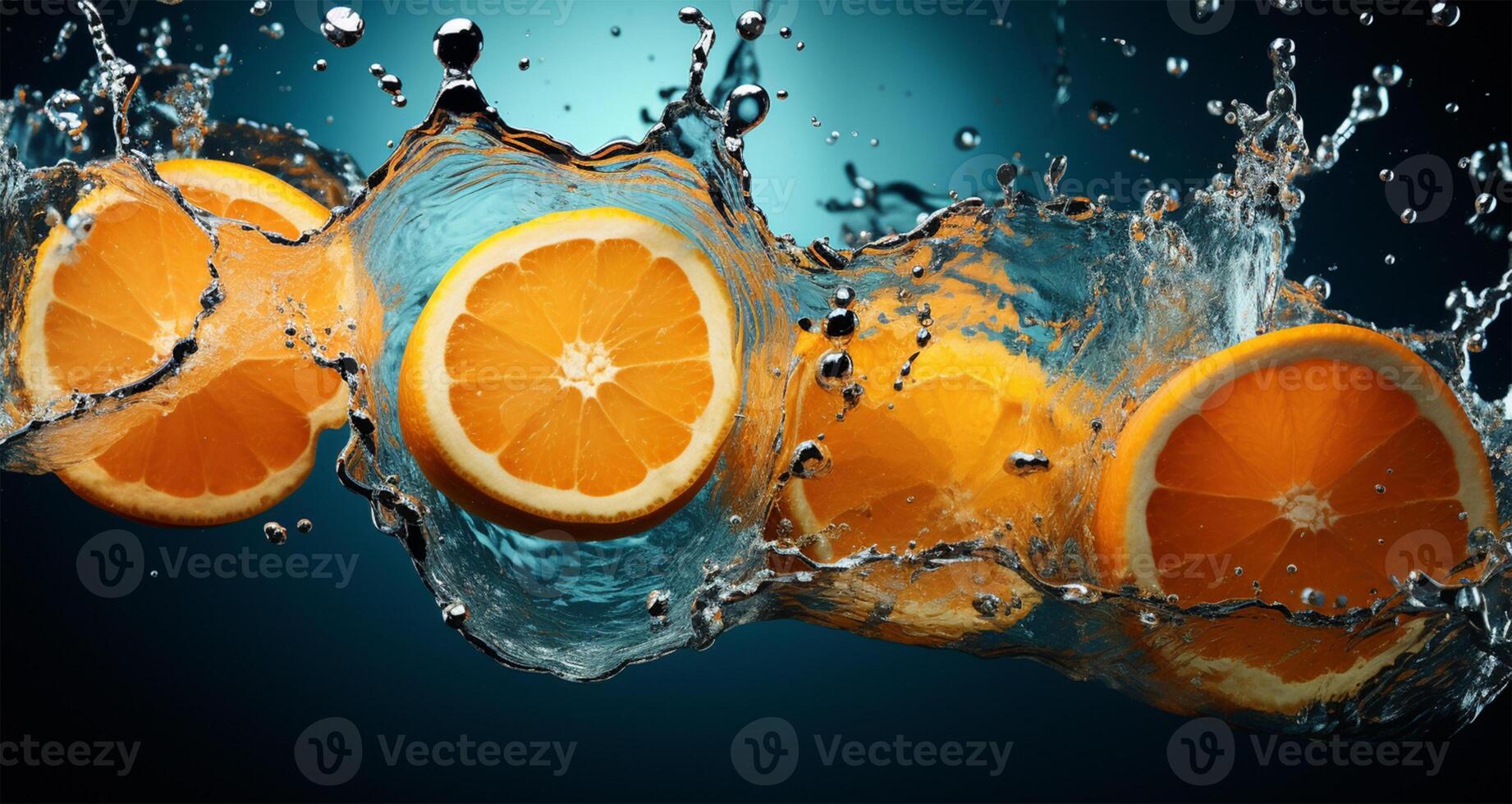 Fresh oranges in water splash on dark blue background. 3d rendering photo
