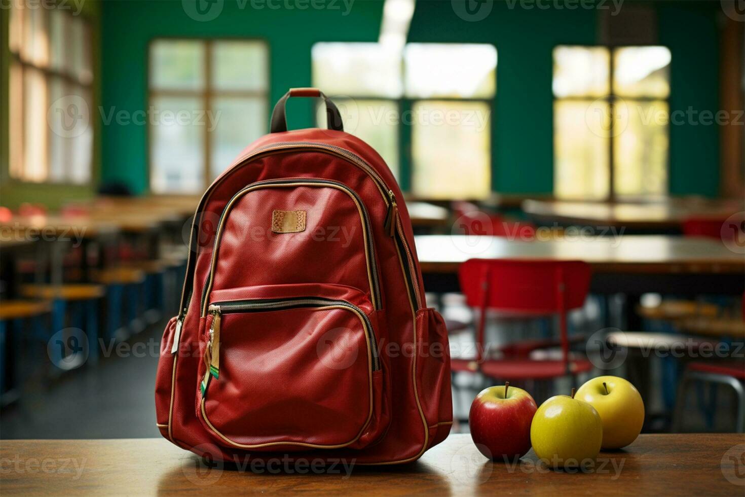 School backpack on table in classroom photo