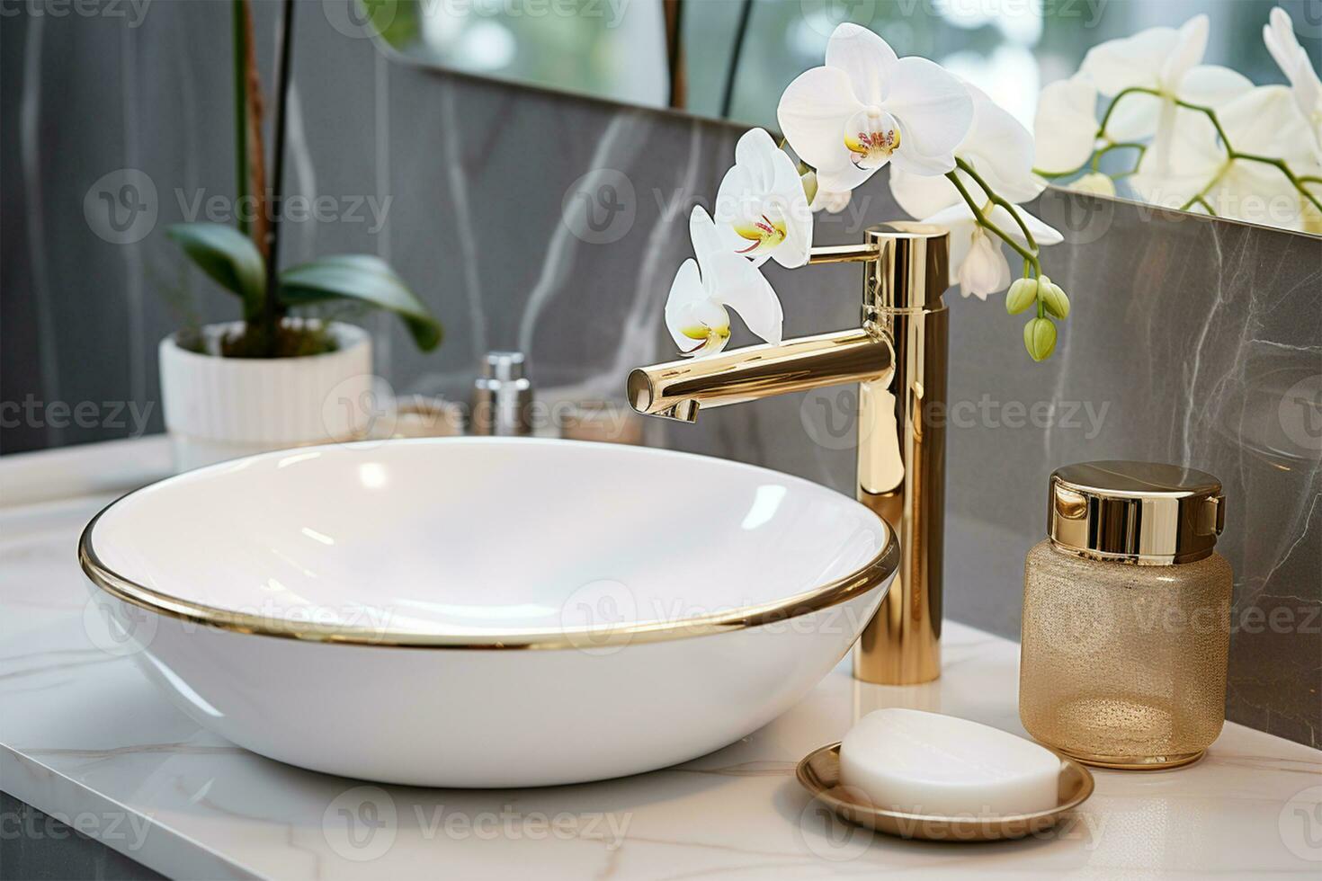 un hermosa lavabo con agua convertido en con un dorado grifo 26415911 Foto  de stock en Vecteezy