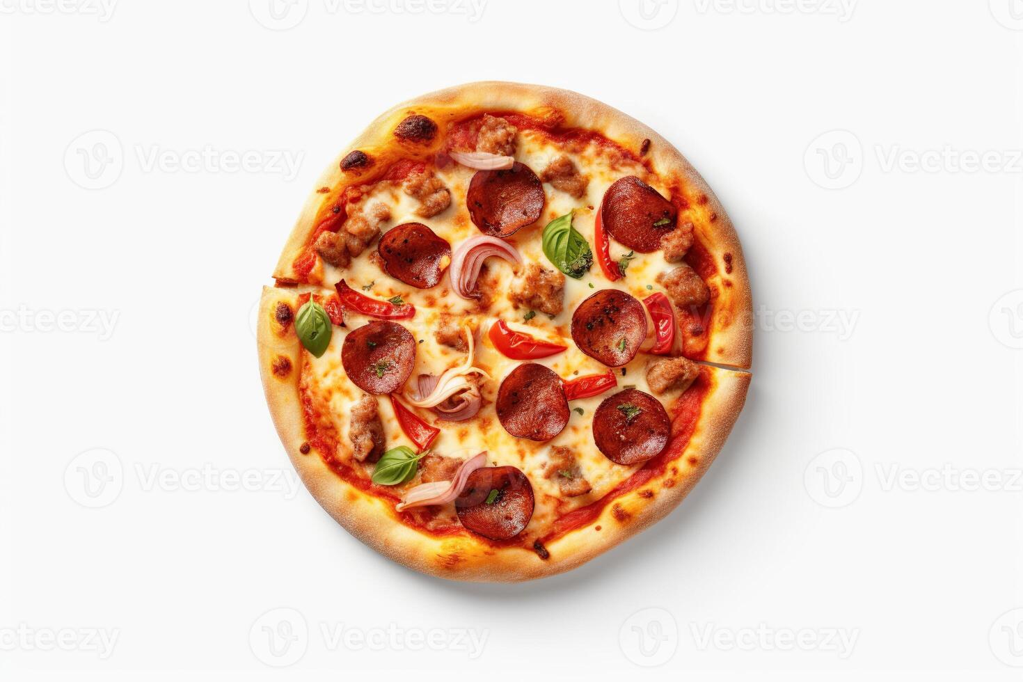 Delicious cheese pizza top view on white background AI Generated photo