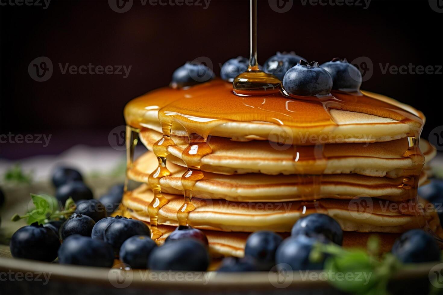 Delicious pancakes, with fresh blueberries and maple syrup flows from a stack of pancake AI Generated photo